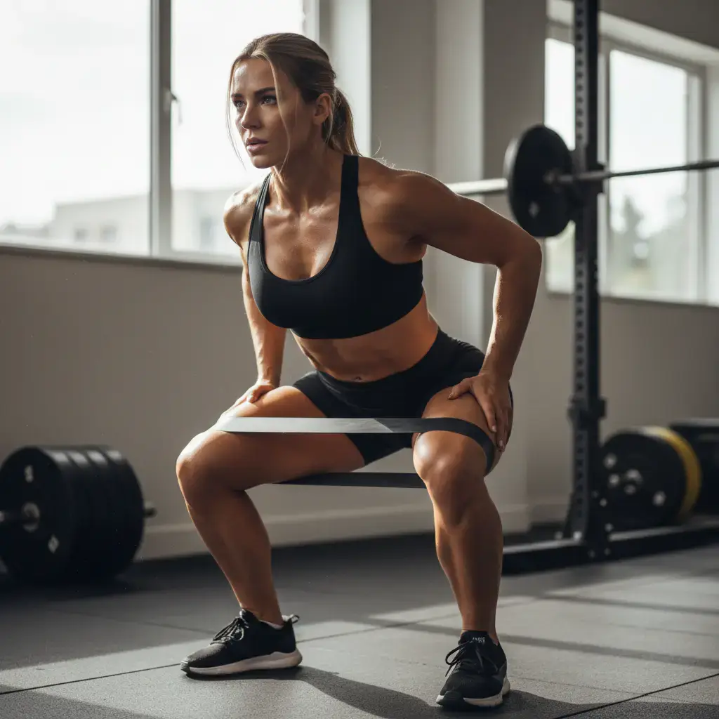 Demonstration of an intense squat exercise using a thick band