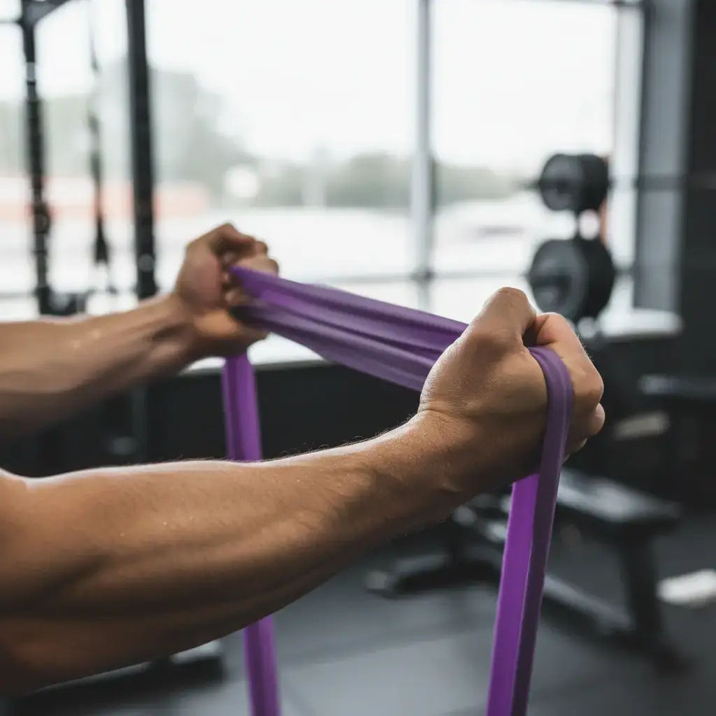Close-up of hands tightly gripping a heavy resistance band